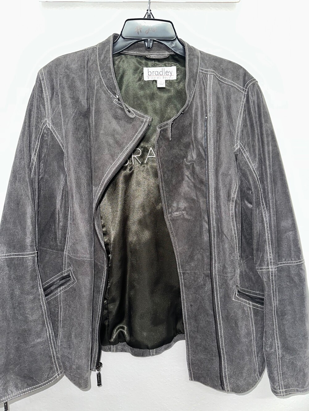 Bradley Bayou Women’s L 100% Genuine Leather Moto Jacket Gray Distressed Y2K